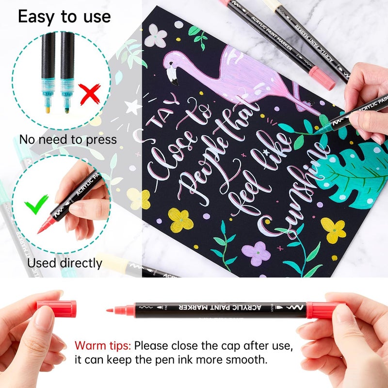 Shuttle Art Markers طلاء أكريليك مزدوجة الطرف بـ 60 لون، أقلام طلاء أكريليك بطرف فرشاة وطرف دقيق للصخور، السيراميك، الخشب، القماش، البلاستيك، الزجاج، الحجر، الخط، صناعة البطاقات، الحرف والفن على الأظافر - Image 4